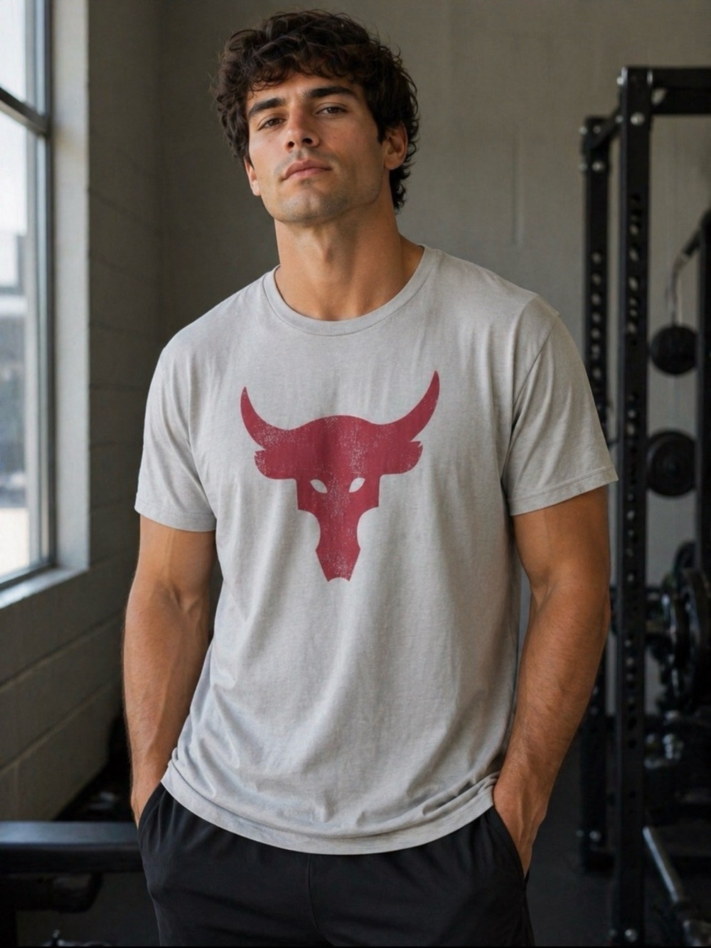 Under Armour Gray and Red Short Sleeve Tee with Bull Graphic